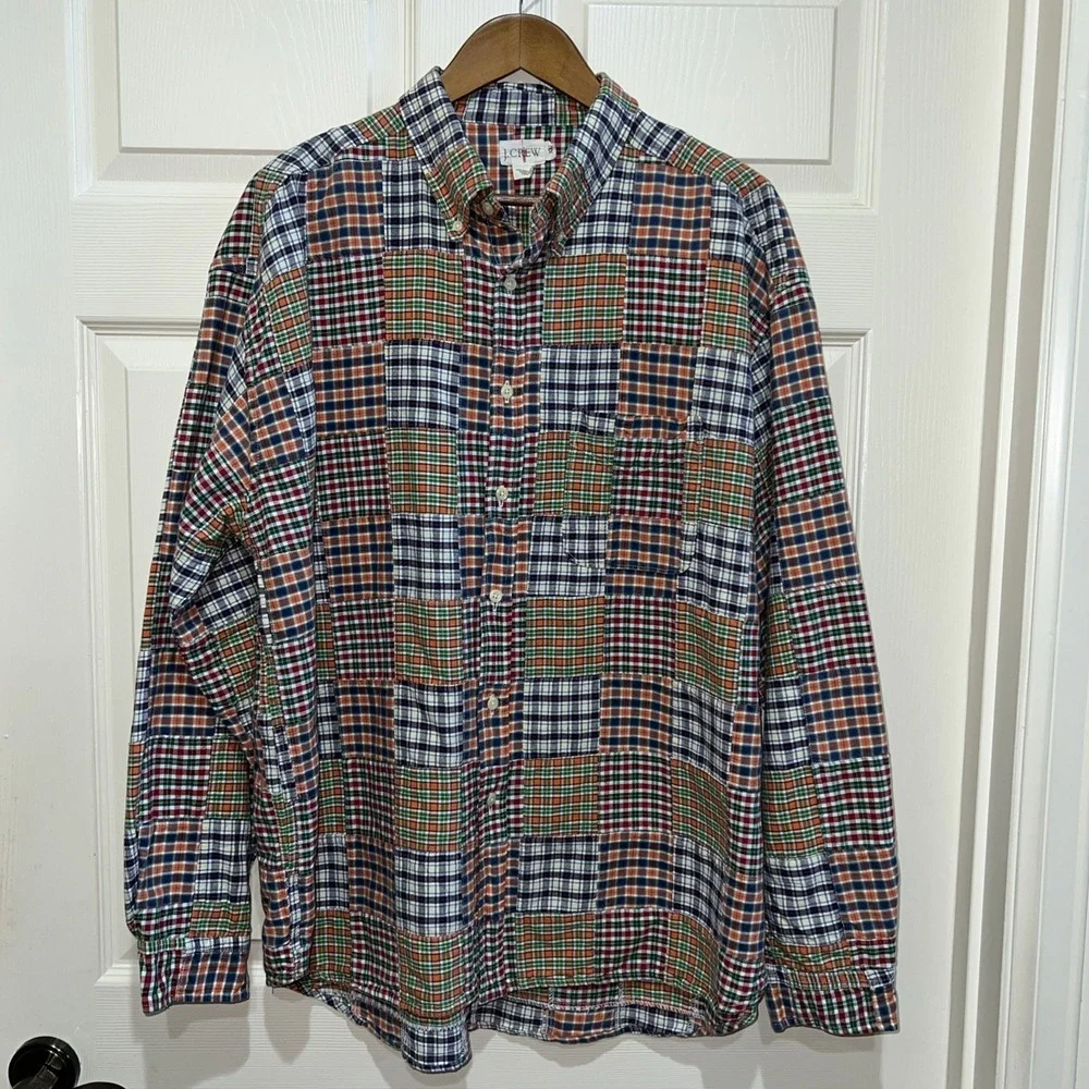 Vtg J. Crew Oarsman Multicolor Patchwork Madras Plaid Button Down Shirt Men XL